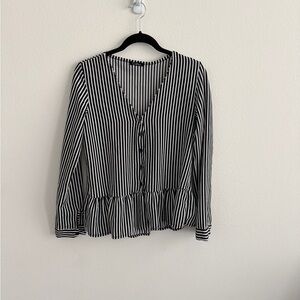 Boohoo Black & White Vertical Stripe V-Neck Button Peplum Blouse